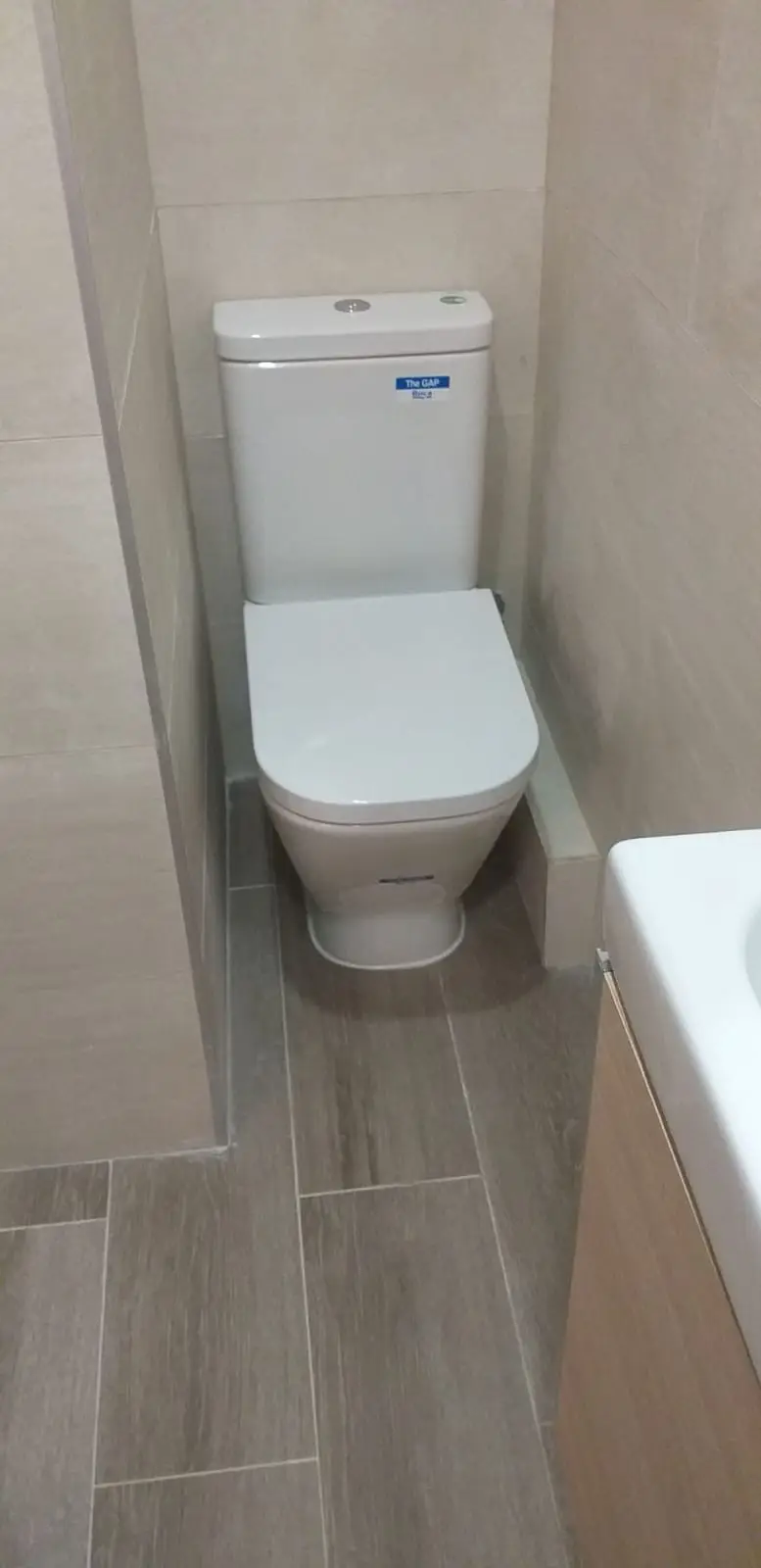 Inodoro nuevo con suelo porcelánico imitación madera y revestimiento beige